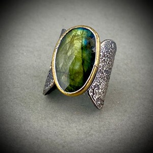 Green labradorite ring, sterling silver and 22k. TaiVautierJewelry Tai Vautier Jewelry