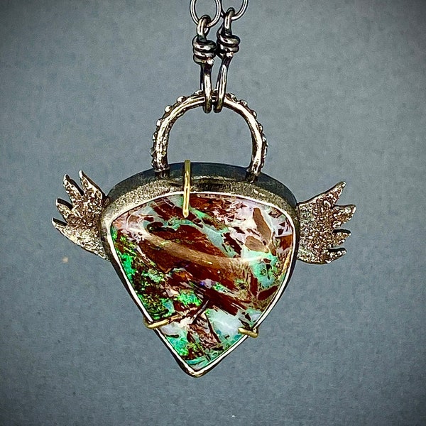 Sacred heart Australian opal necklace sterling silver necklace, TaiVautierJewelry