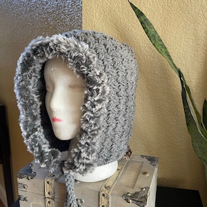 Chunky Knit Hood with Fur Trim: Crochet Earflap Bonnet