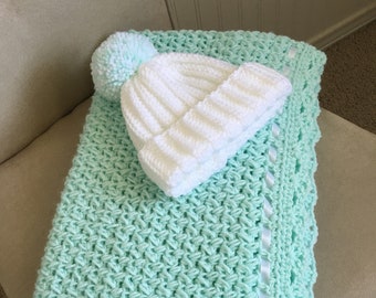 Mint Baby Blanket with a baby hat 0-6m,Babie's Shower Gift,Stroller Blanket,Car seat Blanket,Crochet Afghan,Handmade  Blanket,Newborns Gift