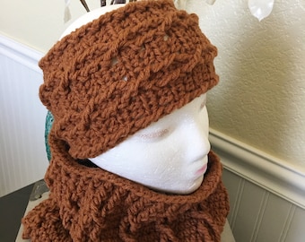 Set of 3 headband Cowl Hat,PomPom beanie ,Crochet Cowl set,Soft warm,EarWarmer,Hikers gift,matching cowl hat Headband,Size Adult Medium/Teen