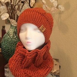 Handmade Knit Cowl Beanie Set: Fall Winter Ear Warmer with Faux Fur Pompom