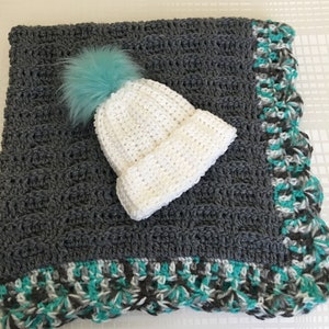 Gehäkelte Babydecke & Mütze: Grau, Mint, Weiß - Acryl, 0-6 m