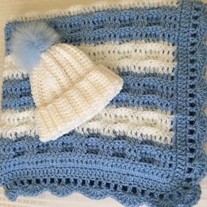 Crochet Baby Blanket & Hat Set: Blue White Afghan, Newborn Gift