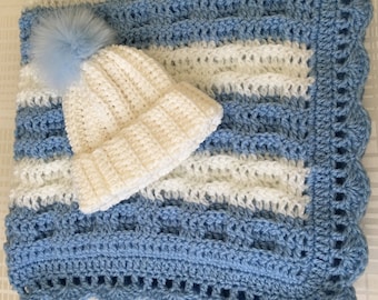 Crochet Baby Blanket & Hat Set: Blue White Afghan, Newborn Gift