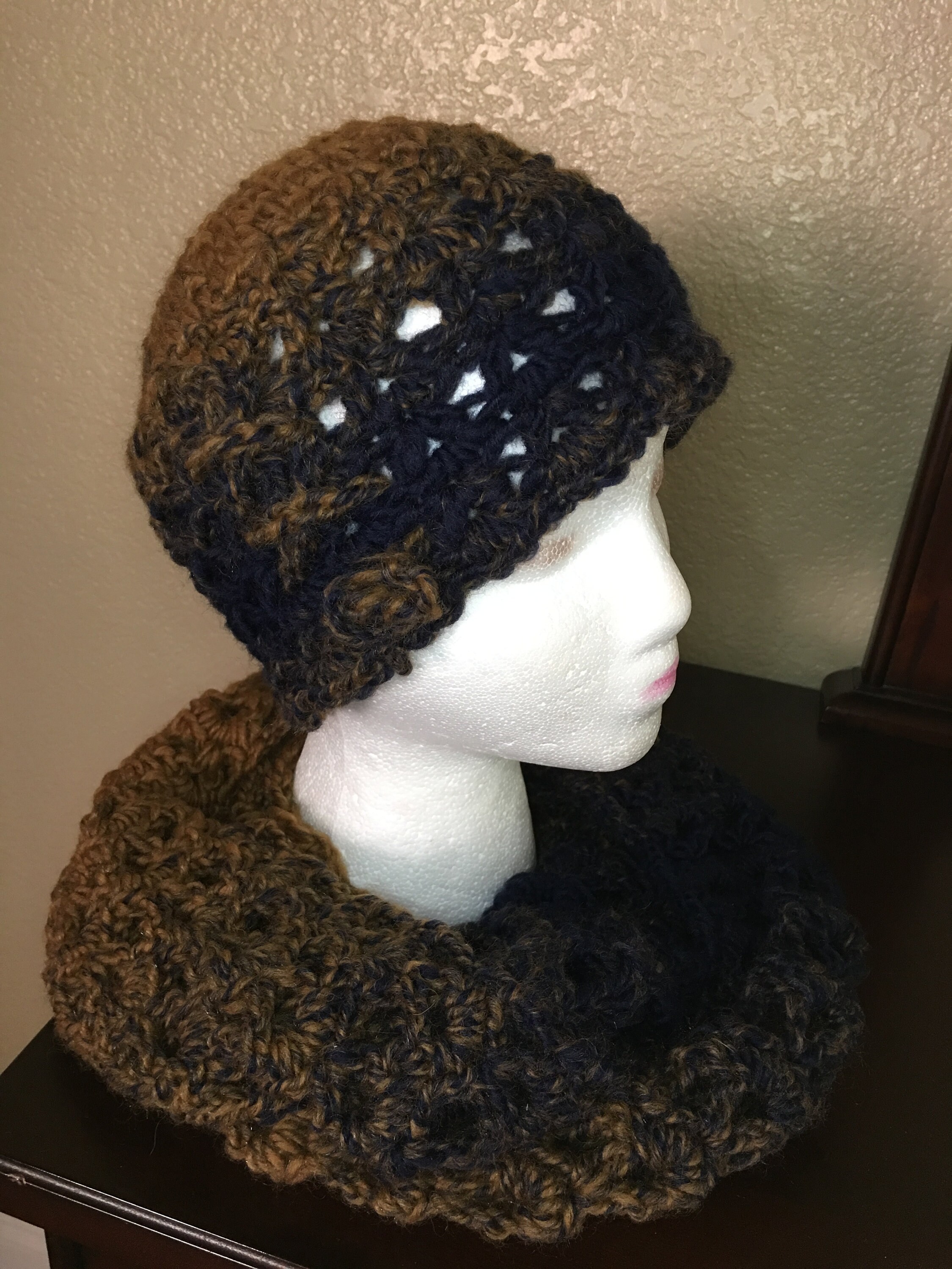 Crochet Infinity Scarf and Hat Set: Ochre & Navy, Acrylic Wool Blend - Etsy