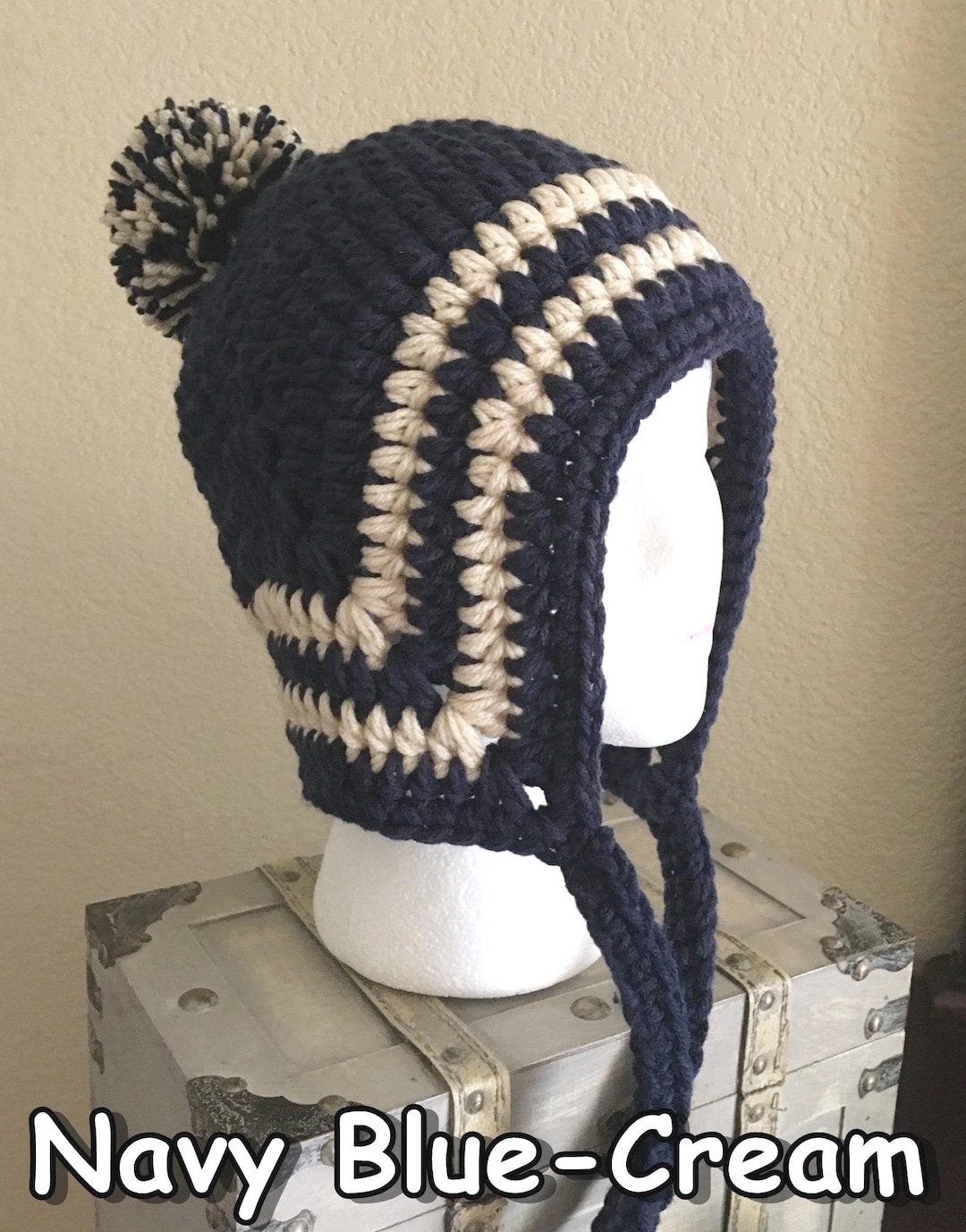 Handmade Crochet Ear Flap Beanie: Chunky Navy Blue Pompom Hat - Etsy