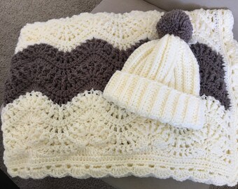 Crib Baby Blanket with hat 6-12m,Shower Gift,Stroller Blanket,toddler Blanket,Crochet Baby Afghan,Handmade,Car seat Blanket,Newborns Gift