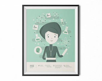 Marie Curie portrait, infographic print, science wall art, historical figures, Marie Curie art, girl's room, boy's room, classroom decor,art