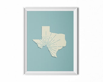State map poster, Texas state art, Texas print, state poster, retro print, sunburst, children's room, state typography print, dorm decor