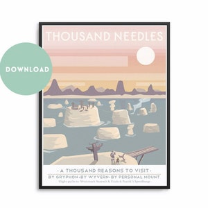 WoW プリント ダウンロード、Thousand Needles、レトロ トラベル プリント、MMO、トラベル ウォール アート、ウォークラフト アート、印刷可能、オタク、オタク アート、ゲーム アート、アゼロス