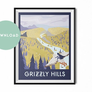 WoW print, travel poster, Grizzly Hills, retro travel print, travel wall art, vintage print, geeky, nerdy wall art, game art, azeroth