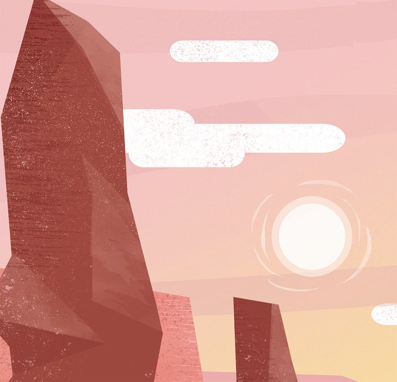 May include: An abstract illustration of a desert landscape with a warm color palette. The image features large, reddish-brown rock formations, white cloud shapes, and a bright sun. The background transitions from pink to yellow.