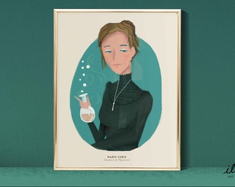 Marie Curie portrait, inspirational women, science wall art, historical figure, childrens room art, classroom art, STEM art