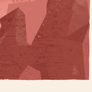 May include: Abstract art print featuring geometric shapes in shades of red and brown, with a textured, grainy effect. The artwork depicts a landscape with angular forms and a few trees at the top. Signed in the lower right corner.