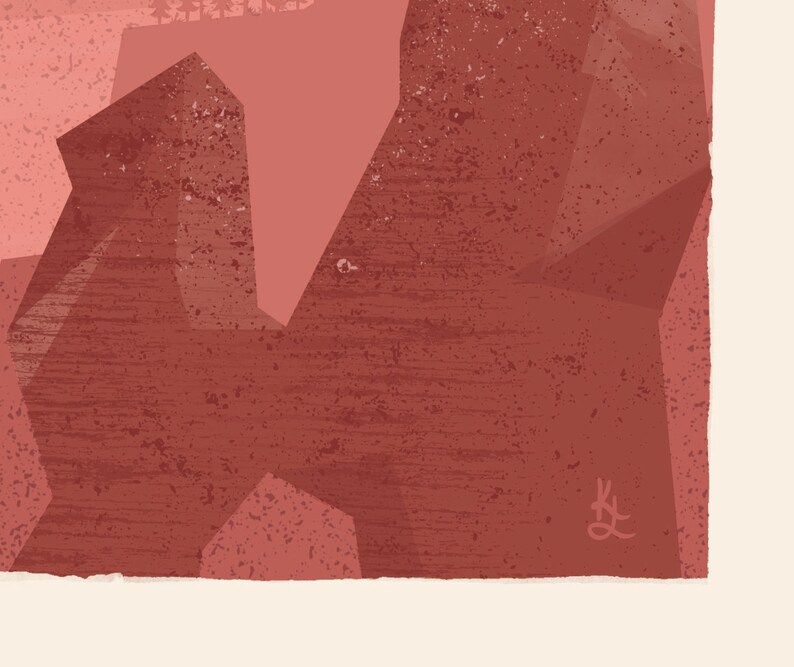 May include: Abstract art print featuring geometric shapes in shades of red and brown, with a textured, grainy effect. The artwork depicts a landscape with angular forms and a few trees at the top. Signed in the lower right corner.