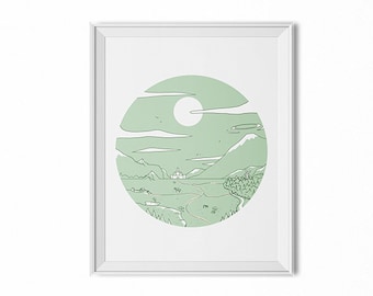 Gift for gamer, LoZ art print, Ocarina of Time, travel print, Hyrule field art, vintage print,  landscape illustration, nerdy, geeky, art