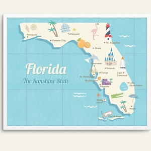 Cartel del mapa estatal, impresión del estado de Florida, ilustración de mapas retro, arte de viajes vintage, arte retro del desierto, arte de la habitación de los niños, arte de la pared del mapa