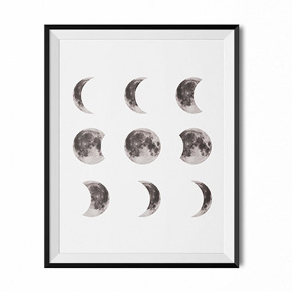 Full moon print, lunar phases Print, moon art, modern art, minimal print, black and white art, wall art, dorm art, home decor, moon poster