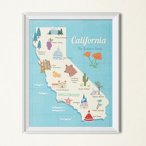 Affiche de carte d'état, impression d'état de Californie, illustration de carte rétro, art de voyage vintage, art rétro du désert, art de chambre d'enfant, art mural de carte