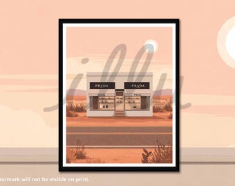 Instalación artística de Marfa, Texas, estilo póster de viaje retro, impresión de arte mural.