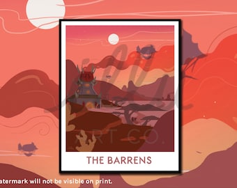 The Barrens, travel poster, gift for gamer, retro travel print, nerdy gift, Warcraft art, WoW print, gamer gift, MMO art