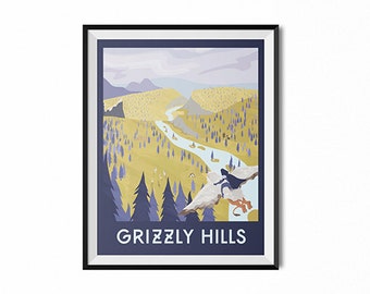 Travel poster, gift for gamer, Grizzly Hills travel print, warcraft print, retro art, nerdy wall art, game art, gamer art, MMO art