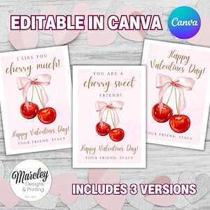 Conjunto de Dia dos Namorados de Cereja Editável | Canva | Imprimível | Doce Amiga de Cereja | Feminino | Laço