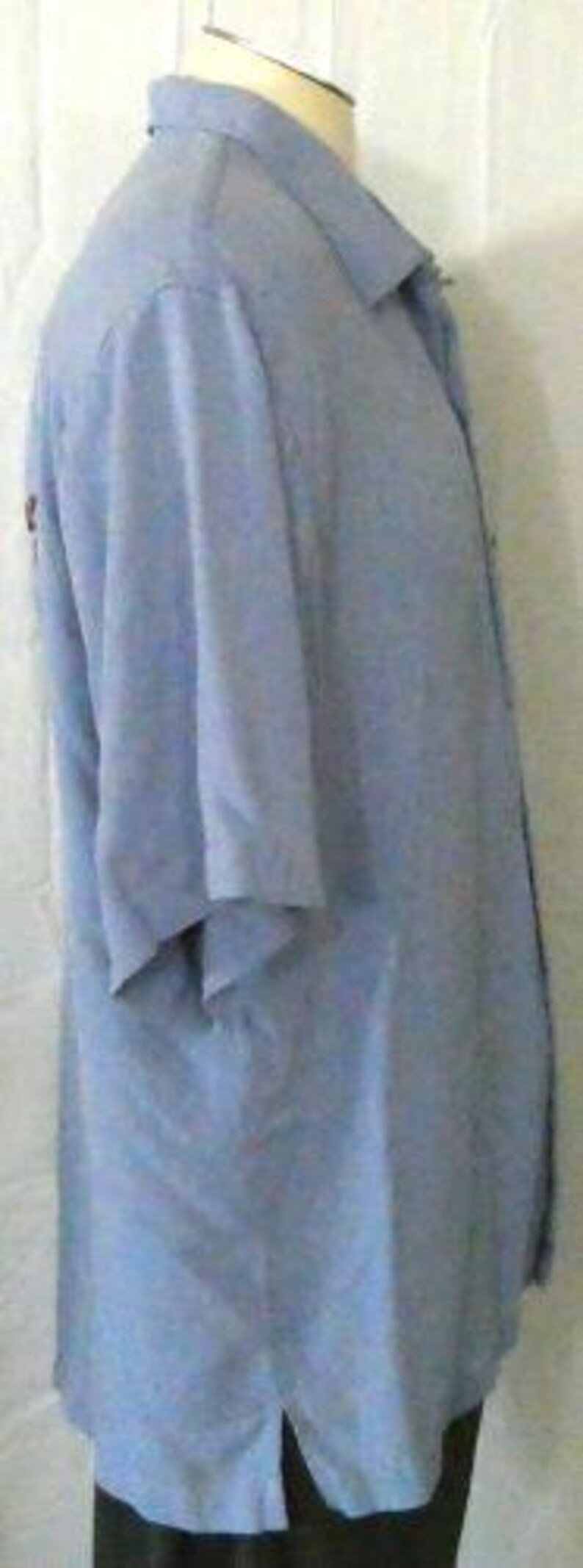 May include: A light blue short-sleeved button-down shirt.