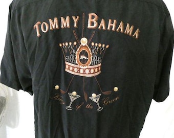 Tommy Bahama - Grande chemise décontractée noire en soie brodée King of the Green
