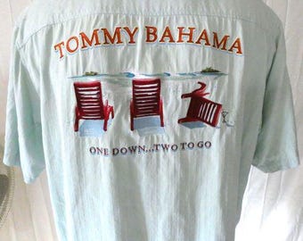 Tommy Bahama Green XL SS Casual Shirt Embroidered One Down...Two To Go Silk