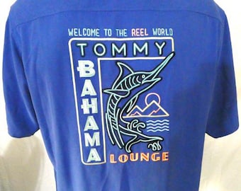 Tommy Bahama Blue Large SS Casual Shirt Embroidered Welcome To The Reel World Silk
