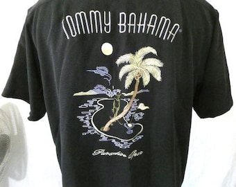 Tommy Bahama Black Large SS Casual Shirt Embroidered Paradise Open Silk