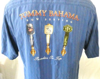 Tommy Bahama Blue Large Casual Shirt Embroidered Now Serving Silk
