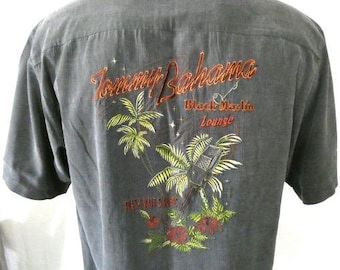 Tommy Bahama Gray Large Casual Shirt Embroidered Black Marlin Lounge Silk