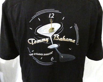 Tommy Bahama Grande chemise décontractée noire brodée Five O' Clock soie ombre