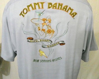 Tommy Bahama Blue Large SS Casual Shirt Embroidered Now Serving Wishes Silk