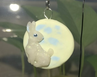 OOAK Moon Rabbit Pendant Polymer Clay Cute Handmade Glow in the Dark Necklace