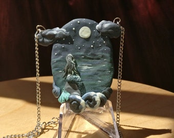 OOAK Mermaid Pendant Cute Polymer Clay Handmade Miniature Glow in the Dark Siren Necklace