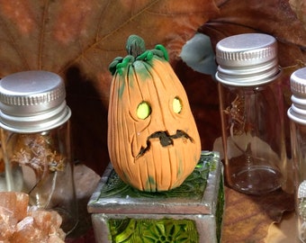 OOAK Halloween Pumpkin Figurine Polymer Clay Cute Handmade Glow in the Dark Jack o Lantern Miniature Figure