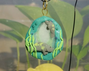 OOAK Manatee Sea Glass Pendant Polymer Clay Cute Handmade Wildlife Necklace