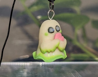 OOAK Ghost with Heart Pendant Polymer Clay Necklace Handmade Spooky Cute Glow in the Dark