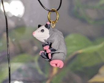 OOAK Opossum Pendant Figurine Polymer Clay Cute Handmade Wildlife Jewelery