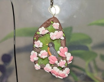 OOAK Robin in Magnolia Sea Glass Pendant Cute Polymer Clay Handmade Spring Necklace