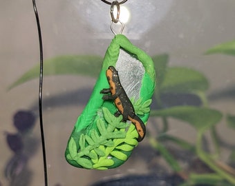 OOAK Fire Bellied Newt Pendant Handmade Polymer Clay Sea Glass Amphibian Necklace