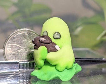 OOAK Ghost with Bunny Figurine Polymer Clay Cute Handmade Glow in the Dark Miniature Dollhouse figure