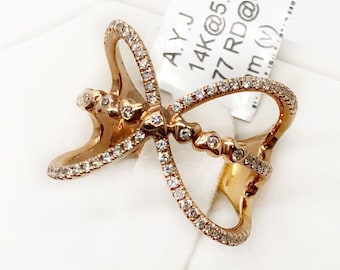 14K Rose Gold 0.40 Ct Pave Diamond Butterfly Ring Wide Women's Ring