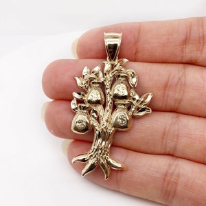 Vero 10K giallo oro diamante tagliato lucky money bag albero dollaro ciondolo 4.2 grammi