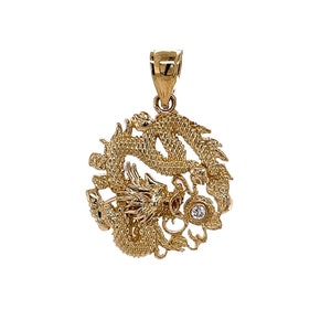 Mens 14K Solid Yellow Gold Natural Diamond Dragon Charm Pendant 0.87”