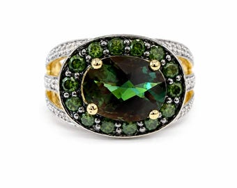 Vintage Alexandrite Ring 14K Gold Diamond Halo Ring Size 6 Green Color Change Gemstone Statement Ring
